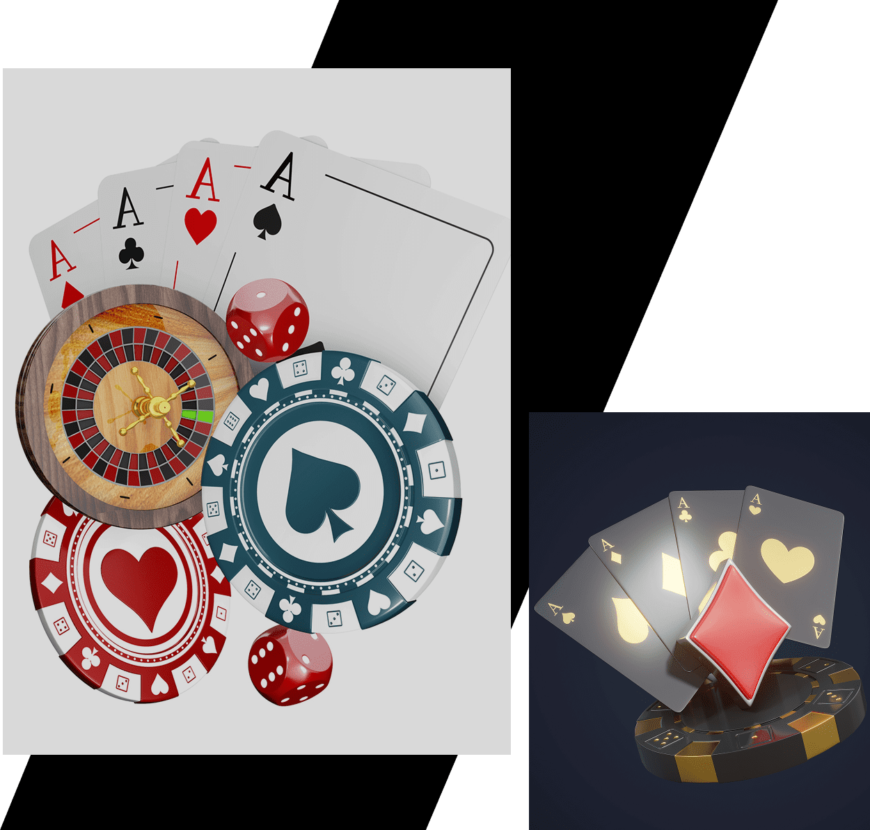 Casino elements: cards, chips, roulette, dice.