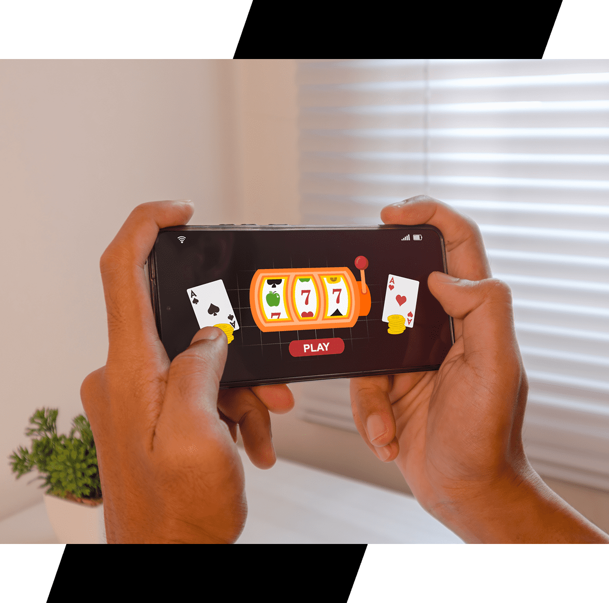 Person playing slot game on smartphone.
