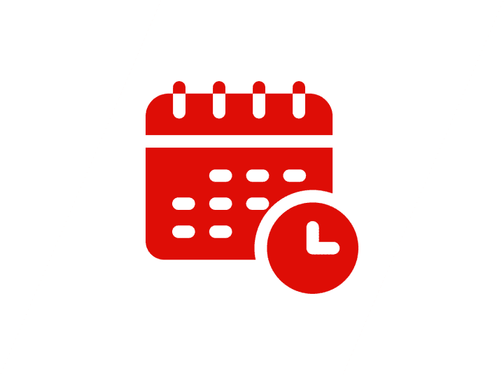 Red calendar and clock icon on striped background.
