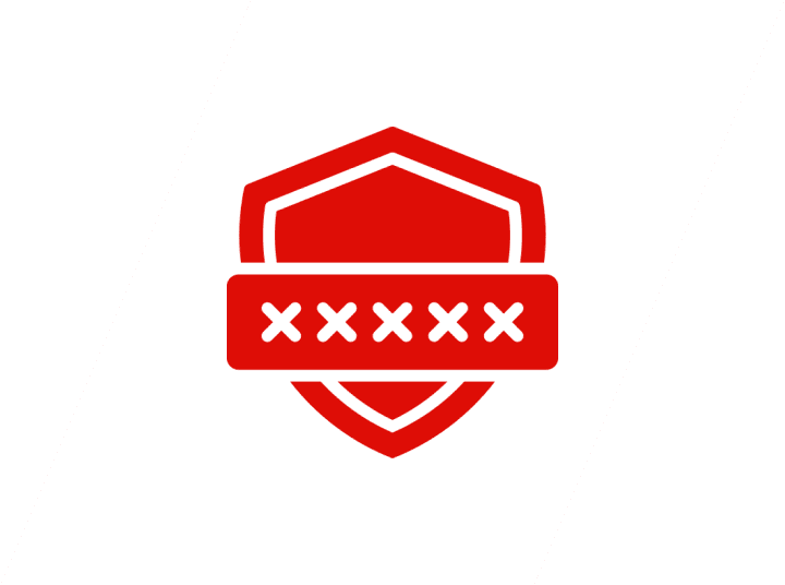 Red shield with crossed-out password symbol.