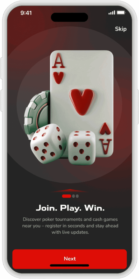 Poker app interface with cards and dice.